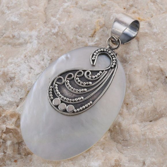 Mother Of Pearl Carved Pendant in Sterling Silver - Picture 2 of 5